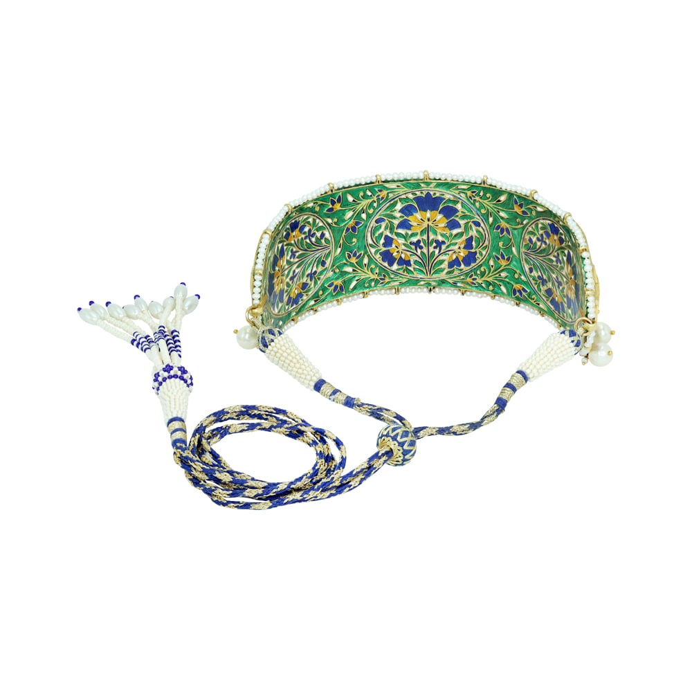 Choker with Blue Enamel, Polki Florals, and Pearl Border
